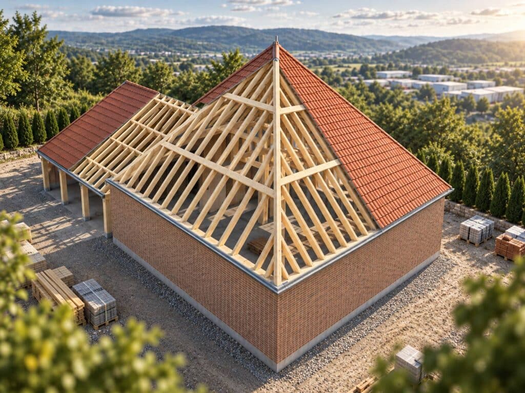3D-Visualisierung eines Einfamilienhauses mit offenem Dachstuhl aus Holz