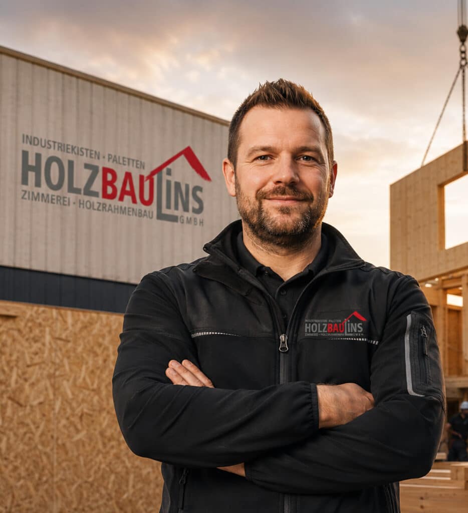 Mitarbeiter von Holzbau Lins in Firmenjacke vor der Werkshalle mit dem Firmenlogo