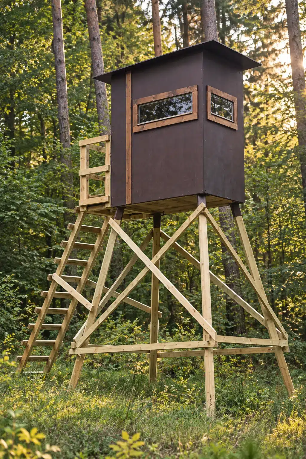 Kanzel Hirschberg Variante B mit breitem Seitenfenster, Leiter und Holzunterbau im Wald