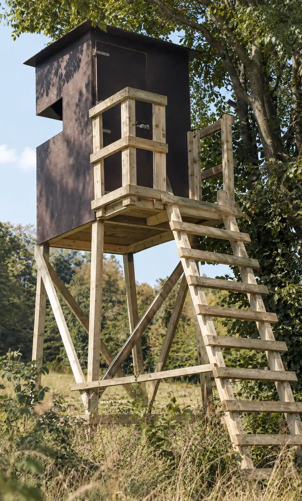 Sommerkanzel mit durchgehender Panoramafensteröffnung, Leiter und Holzunterbau von Holzbau Lins